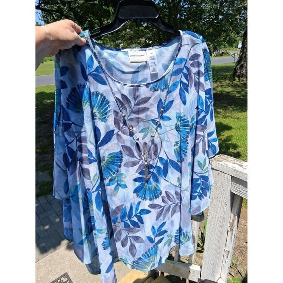 Alfred Dunner Top 22W Tank w/attached Sheer Poncho & Silver Necklace - Picture 1 of 9